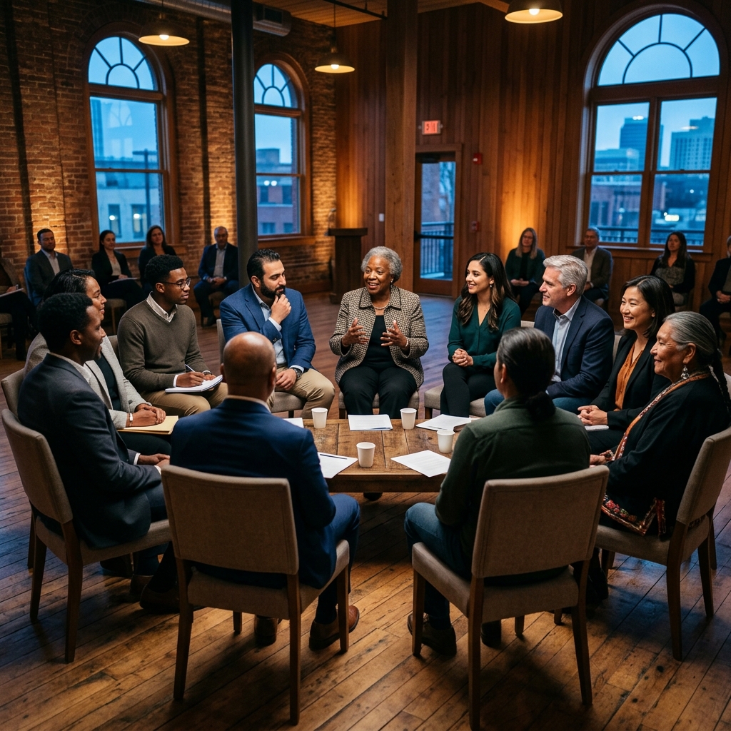 Líderes comunitarios debatiendo ideas de forma constructiva